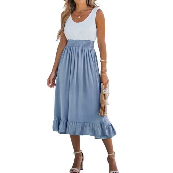 Women's Smocked Flounce Scoop Tank Dress Maxi Dresses Casual Summer Large Blue - Picture 1 of 5